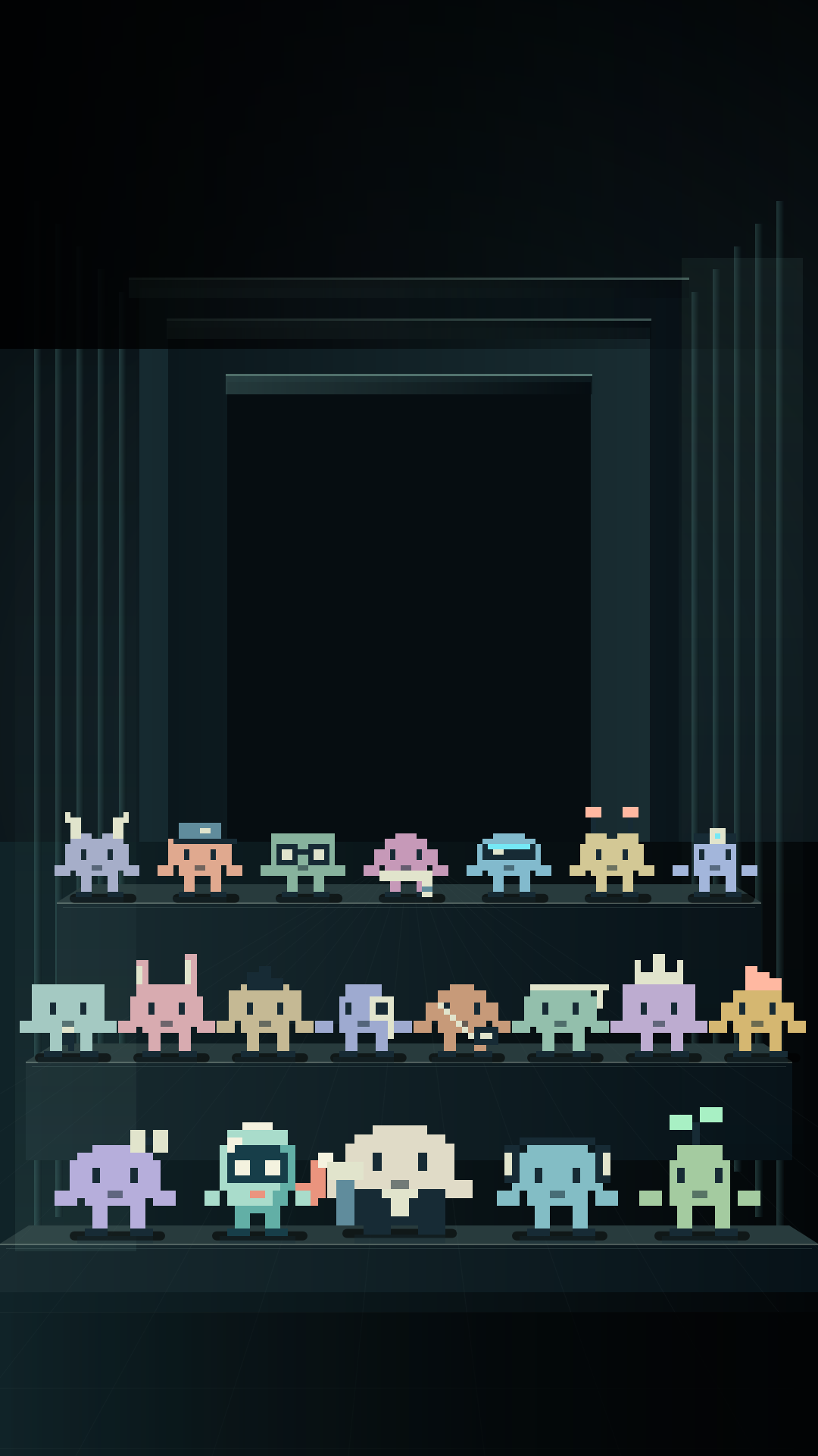The 20 original Trial characters gathered for a group portrait, with Dexter in front.